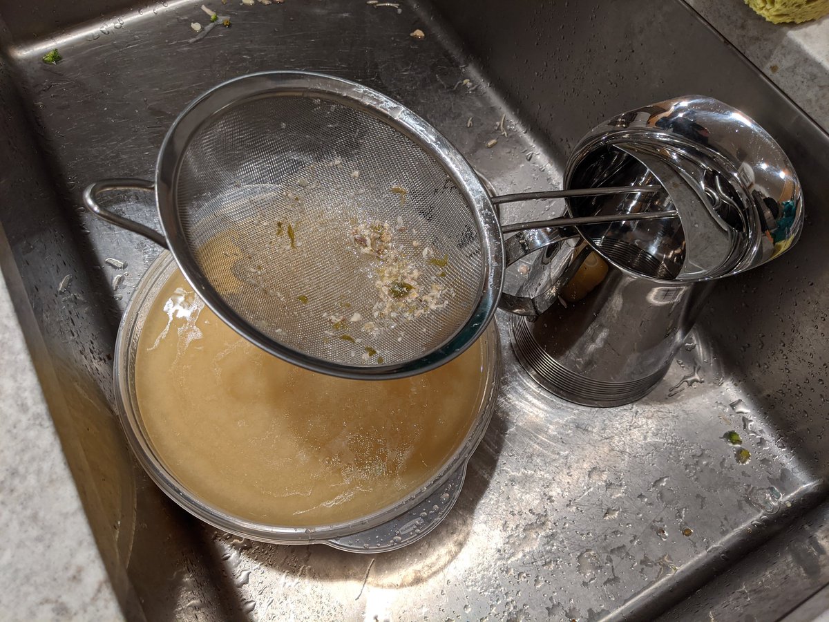 8 hours later, you'll have a lot of stock. Which is good, because it goes fast. Also, your whole house will smell like a Michelin-starred kitchen just before service time.P.S. If you want extra-clear liquid, cheesecloth is the way to go, but I'm happy with a fine mesh sieve.