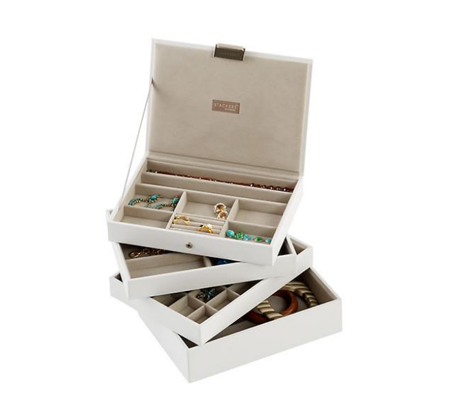 LIBRA: stackers jewelry storage. it's furniture for your jewelry. protects fine finishes, preserves quality, and makes picking accessories feel like shopping  https://www.containerstore.com/s/jewelry-storage/stackers-premium-jewelry-boxes-storage/white-classic-stackers-premium-stackable-jewelry-box/12d?productId=10035823