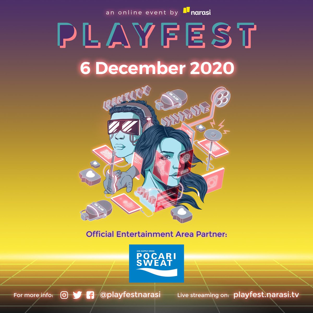 narasitv's tweet image. #MoreVirtualExperience on playfest.narasi.tv, 6 December 2020 for FREE.

@playfestnarasi 2020 will offer you great contents, communities, &amp;amp; collaborations, with a set of enchanting entertainment.

Official Entertainment Area Partner: @pocariID 

#Playfest2020 #BintangSMA2020