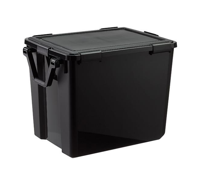 SCORPIO: 103 qt black weathertight tote with handles and wheels. no one will know what you keep in here. not even air can escape. sturdier than the stupid sterlite one aries got, has handle and wheels for quick relocation.  https://www.containerstore.com/s/storage/garage-storage-totes/103-qt.-black-weathertight-tote-with-wheels/12d?productId=11010234