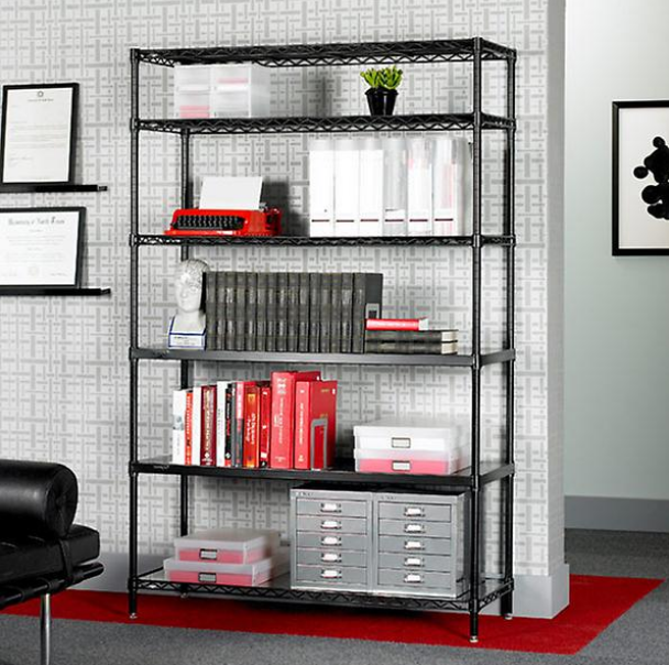 CAPRICORN: black intermetro start unit. epoxy coated steel, each shelf holds up to 300lbs, someone has to hold up all these goddamn totes everyone is buying  https://www.containerstore.com/s/shelving/intermetro/intermetro-6_shelf-48"-solution/12d?productId=10023478