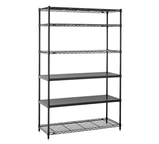 CAPRICORN: black intermetro start unit. epoxy coated steel, each shelf holds up to 300lbs, someone has to hold up all these goddamn totes everyone is buying  https://www.containerstore.com/s/shelving/intermetro/intermetro-6_shelf-48"-solution/12d?productId=10023478