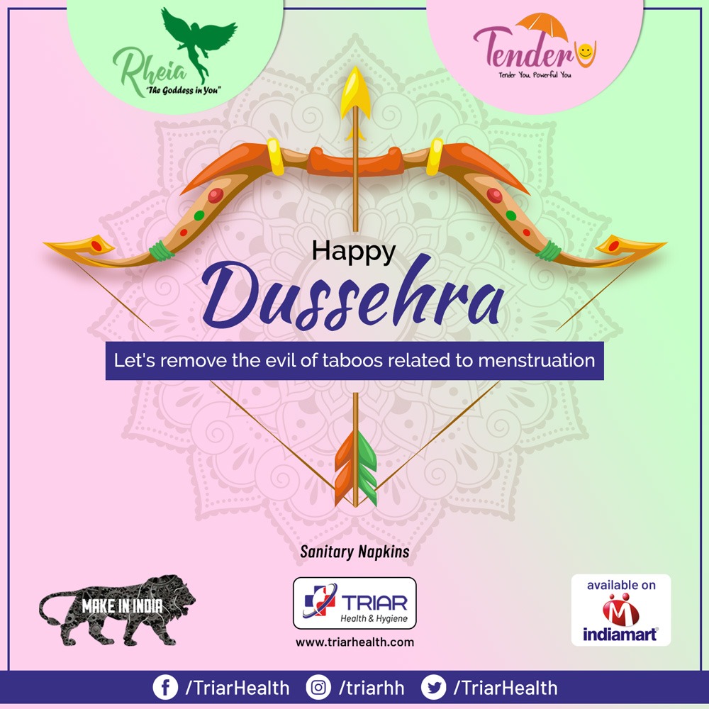 TriarHealth's tweet photo. This Dussehra let's do away with the evil taboos around menstruation and pray for a lot of calm & joy for the mankind. Happy Dussehra!
.
.
.
#Ram #LordRama #JaiShriRam #dussehra #happydussehra #ravana #vijayadashami #ravan #hygiene #Triar #TriarHealth #Rheia #TenderU https://t.co/oBeJCsUrc0