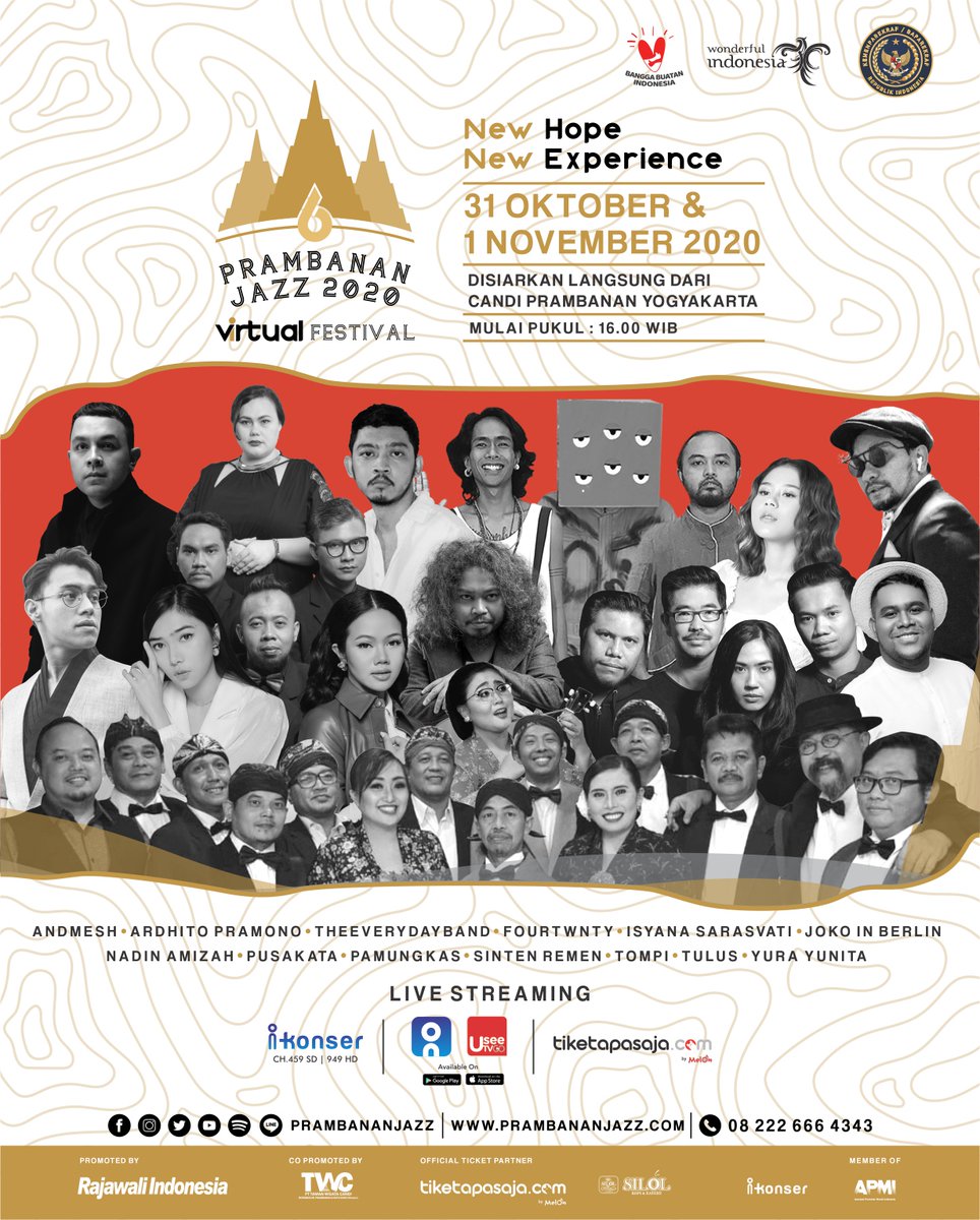 Walaupun #DirumahAja, tentu kita tetap bisa seru-seruan bersama. Mari berakhir pekan bersama 13 musisi tanah air yang tampil secara LIVE didepan megahnya mahakarya Candi Prambanan, Yogyakarta!

#NewHopeNewExperience