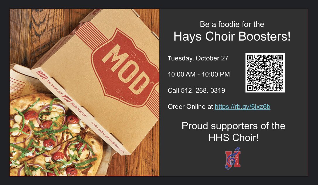 Hays HS Hawk Choir (@hayshschoir) on Twitter photo The Hays Choir Boosters do a lot for the <a href="/hayshschoir/">Hays HS Hawk Choir</a>! Get some great pizza and help them continue to support us! <a href="/wmsrangers/">Wallace Rangers</a> <a href="/HaysBMS/">Barton MS- Hays CISD</a> @haysrebs The Hays Choir Boosters do a lot for the <a href="/hayshschoir/">Hays HS Hawk Choir</a>! Get some great pizza and help them continue to support us! <a href="/wmsrangers/">Wallace Rangers</a> <a href="/HaysBMS/">Barton MS- Hays CISD</a> @haysrebs