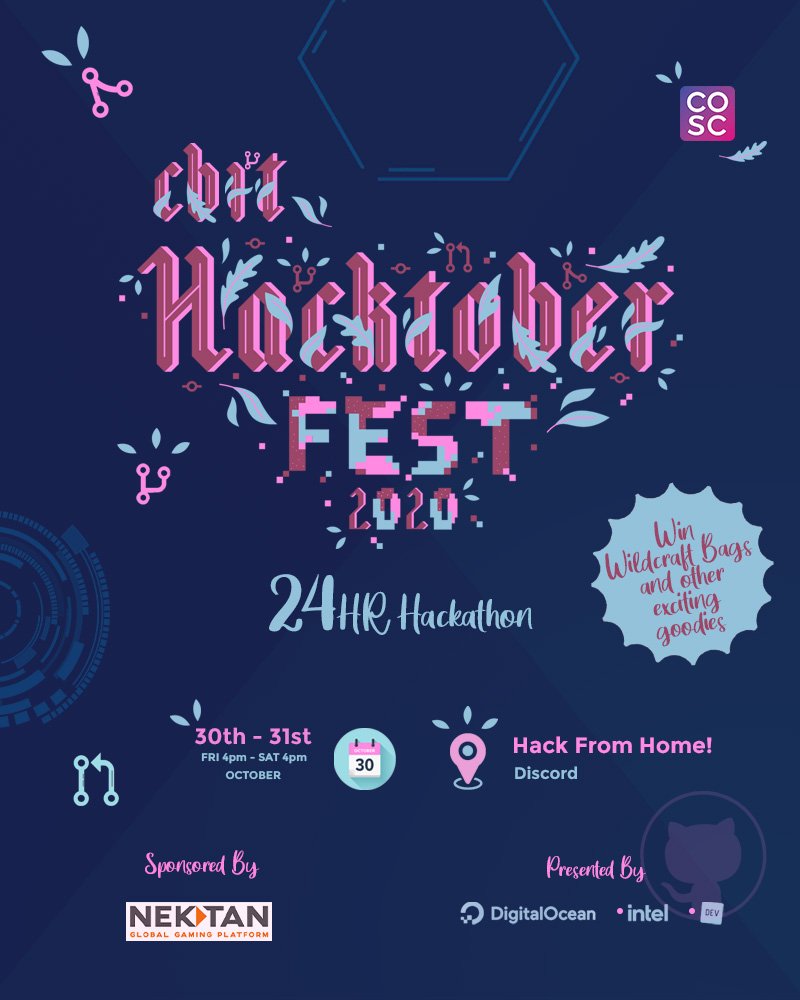 cbitosc's tweet photo. Hacktoberfest, a month-long virtual festival event to support, contribute, and celebrate open-source, presented by DigitalOcean, Intel and Dev is back again this year.

We are thrilled to announce that COSC is conducting a 24 hour hackathon, called CBIT HACKTOBERFEST HACKATHON. https://t.co/jxFSmQ0P1U