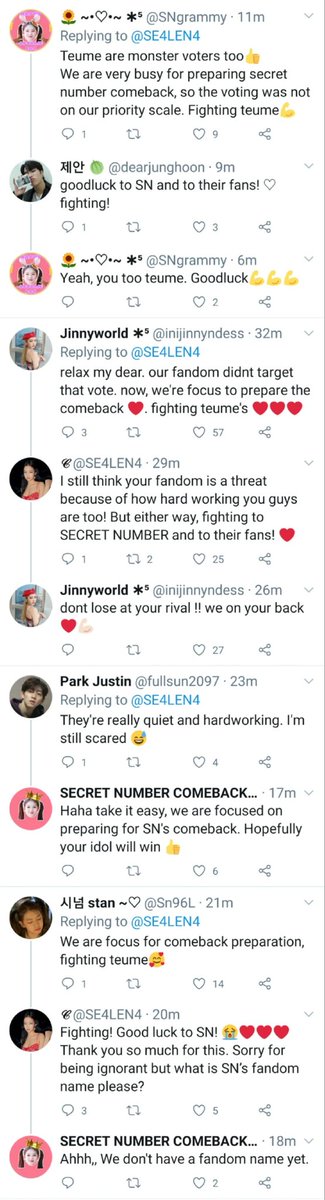 + Teume and SN Stan, this is how fandom kpop support each other, we never spread h4t3, we just share love!! If you found sweet or cute interaction like this, let me know, we can spread our love for all fandom kpop in the world!!  @5ecretNumber  #SECRET_NUMBER #시크릿넘버