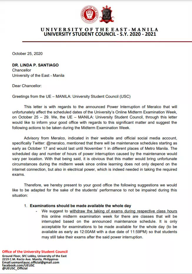 RWconnects's tweet photo. BREAKING: UE-Manila University Student Council (USC) has appealed for the withdrawal of the midterm examinations during class hours due to the scheduled power interruptions of Meralco in several areas, stressing that exams should be made available the whole day. https://t.co/SJn9szwhrs