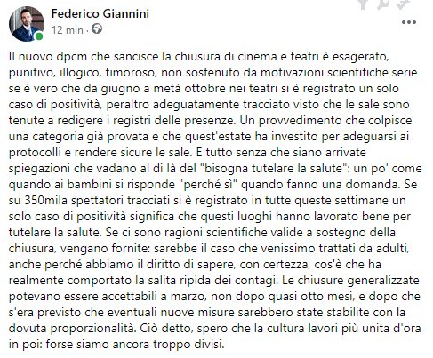 fedegiannini1's tweet photo. La chiusura di #cinema e #teatri è un provvedimento illogico, esagerato e punitivo nei confronti di una categoria che aveva lavorato bene per rendere le sale luoghi sicuri, quali si sono in effetti dimostrati. 
#teatri #dpcm #conferenzaconte #lockdownitalia #lockdown #COVID19 https://t.co/bo7wShovLG