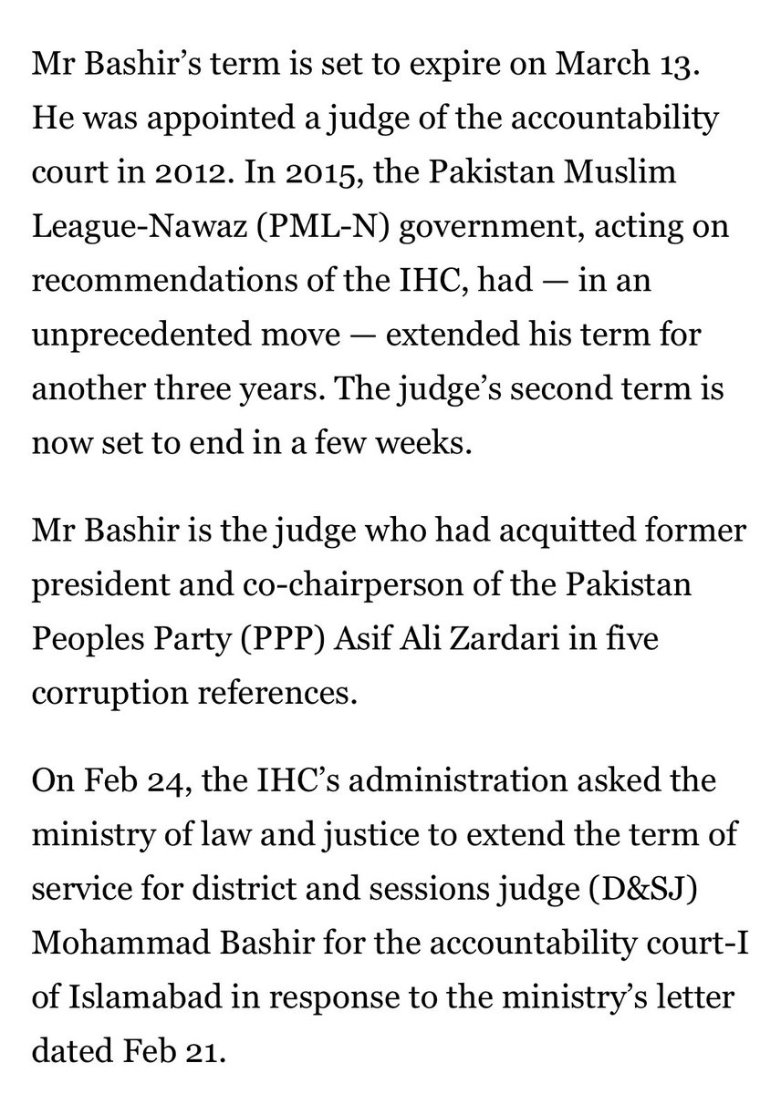 There were two ACs in Islamabad & the 3 references were filed in AC-1.AC-1 was headed by Judge Muhammad Bashir who had been appointed in 2012 & his 3 year term had expired in 2015 which the then PML N govt, acting on IHC’s advice, had extended for another 3 years (n)