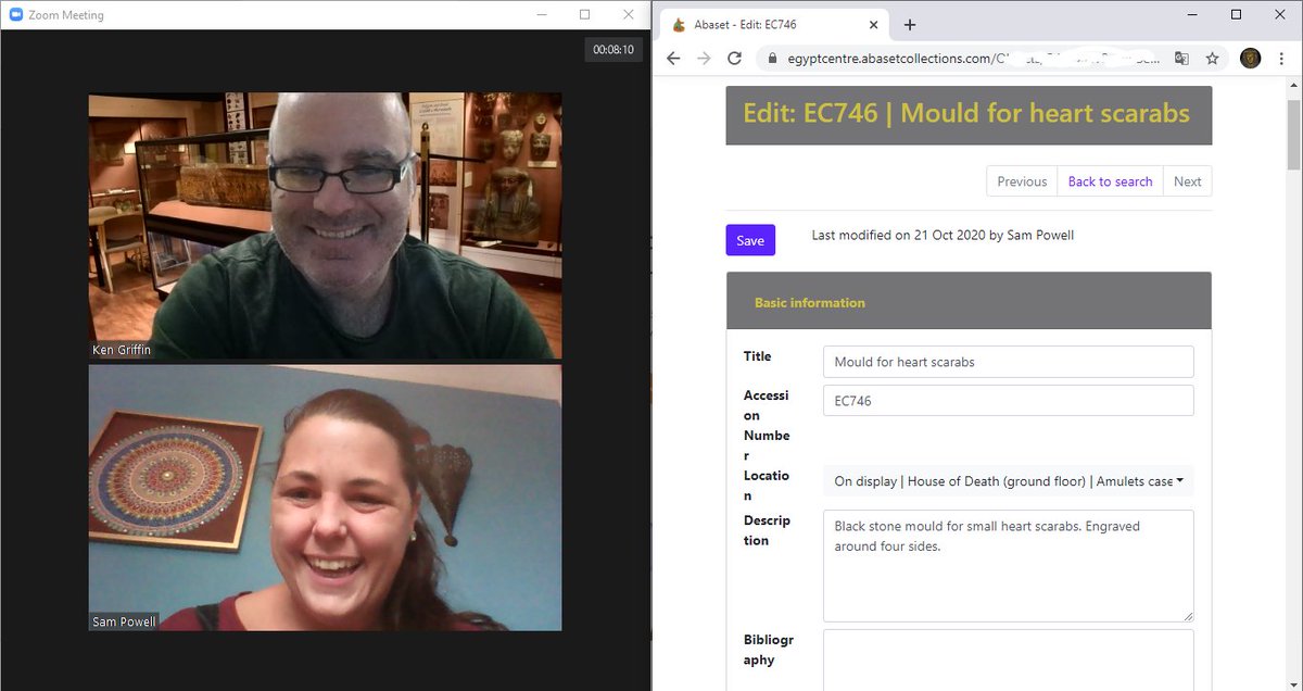 I've not been able to go into @TheEgyptCentre since March, but using a combination of Zoom and the Online Collection by @Abaset_Colls I can continue to help @DrKenGriffin check objects in the galleries, updating measurements in real time. 2020 is a year for being resourceful! https://t.co/EYfEE6qXB5