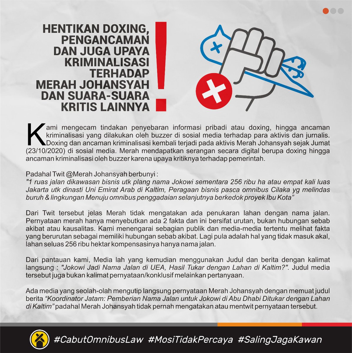 FraksiRakyatID's tweet photo. Hentikan doxing dan pengancaman kepada para aktivis yang menolak Omnibus Law!

MARI SALING JAGA KAWAN! https://t.co/OFKe6OJBqc