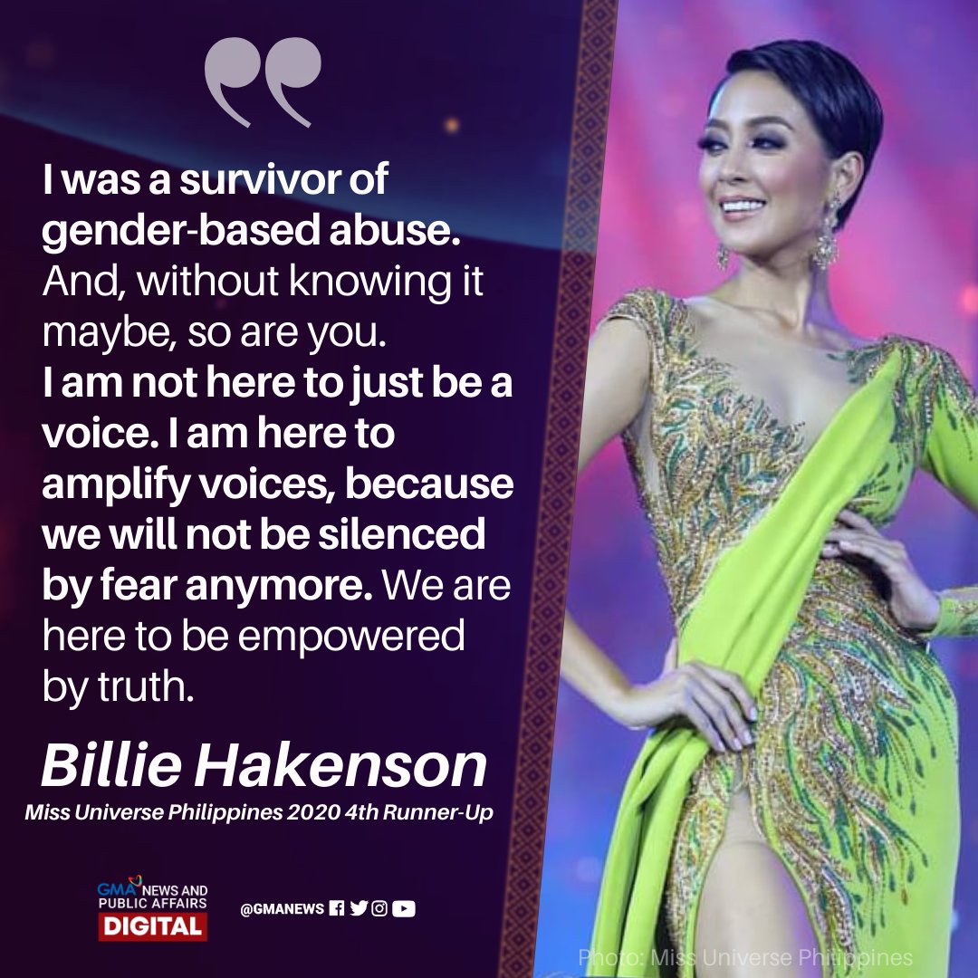 gmanews's tweet photo. Walang takot akong titindig para sa mga hindi napapakinggan.

Ito ang pahayag ni Miss Universe Philippines 2020 4th runner-up Kimberly Hakenson nang tanungin kung ano ang maibabahagi niyang positibong kontribusyon sa mundo.

#MissUniversePhilippines2020
#MissUniversePhilippines https://t.co/RjrvvkIEy0