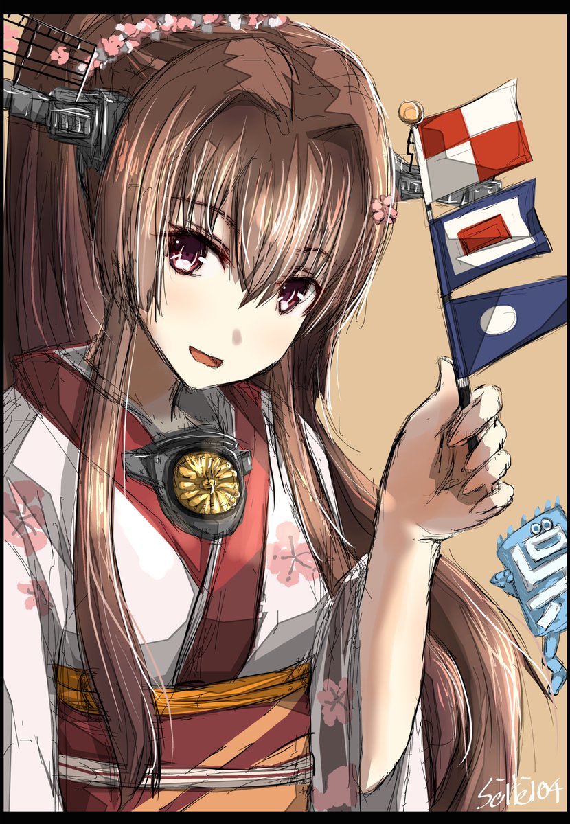 yamato (kancolle) 1girl japanese clothes brown hair long hair kimono solo ponytail  illustration images