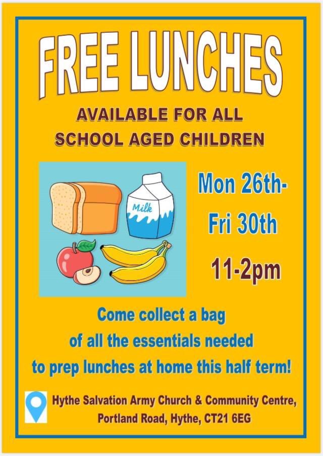 HytheSA's tweet image. We’re thrilled to be partnering with the Mayor of Hythe in on this. Families in need of support with lunches can pop along any day this week between 11-2 for a bag containing everything needed for 5 lunches. Support also available from SUPER local businesses @theibaker &amp;amp; @Unit1H