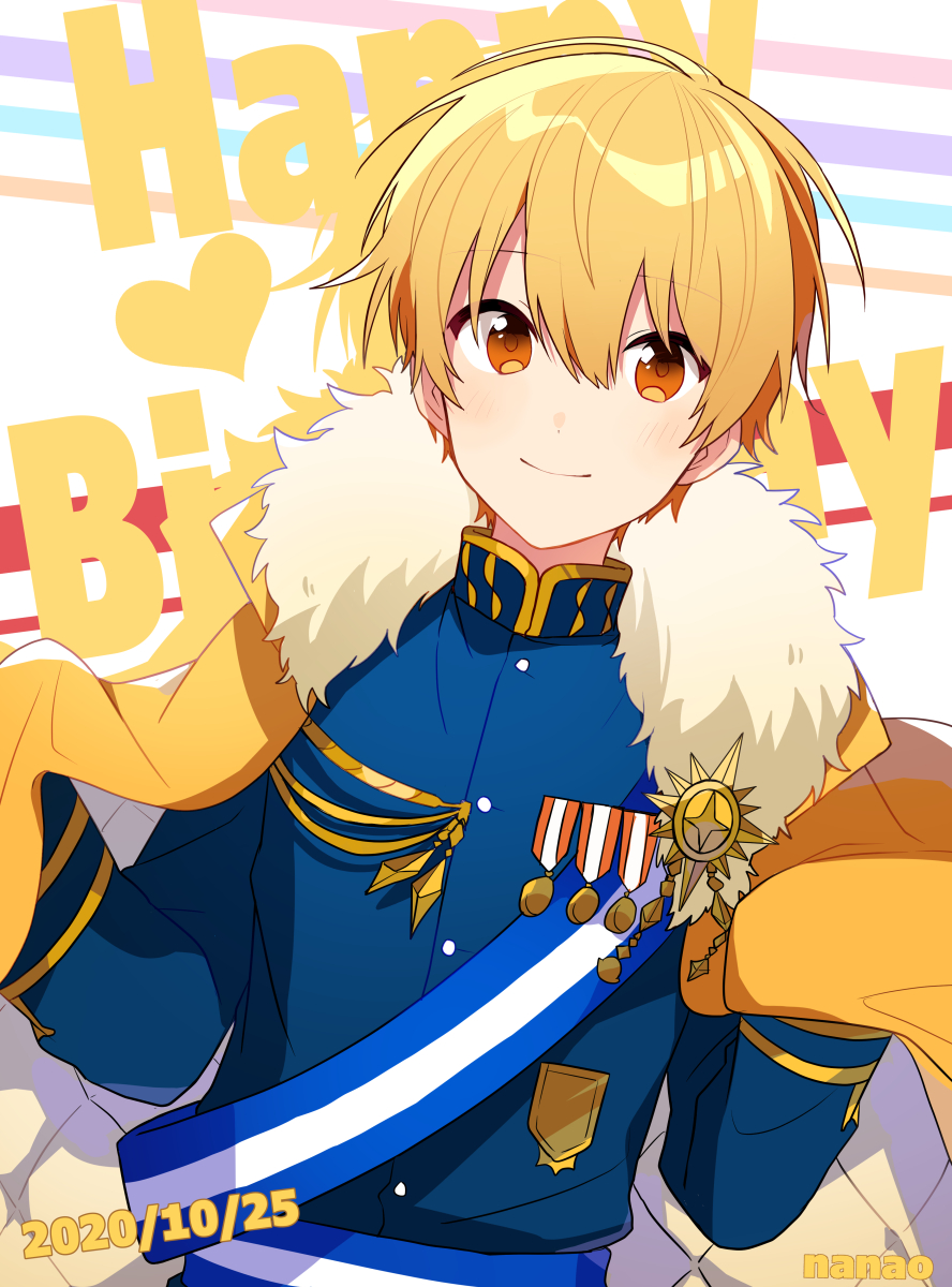 1boy male focus blonde hair solo smile looking at viewer sash  illustration images