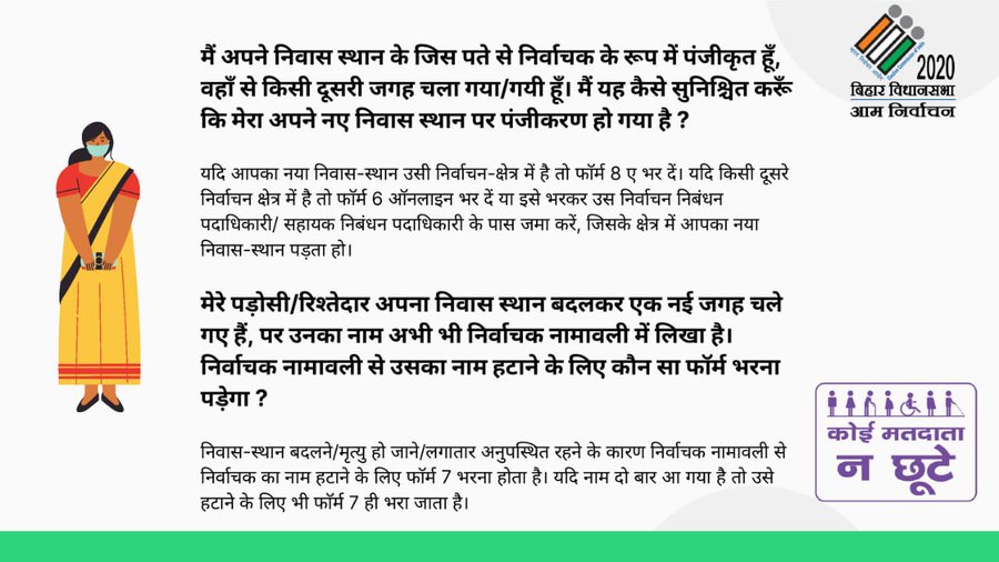 ElectionDeptNwd's tweet image. मैं अपने निवास स्थान के जिस पते से निर्वाचक के रूप में पंजीकृत हूँ, वहाँ से किसी दूसरी जगह चला गया/गयी हूँ। मैं यह कैसे सुनिश्चित करूँ कि मेरा अपने नए निवास स्थान पर पंजीकरण हो गया है ?
#ElectionFAQ
#ElectionDepartmentBihar
#Elections_2020 #CeoBihar