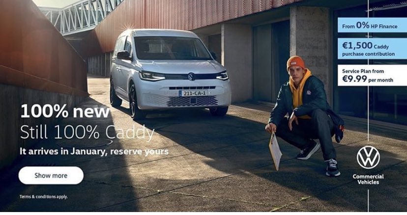 BradysArvaVW's tweet photo. The all-new 5th generation Caddy is 100% New, yet still 100% Caddy.
With HP Finance from 0%, Purchase contributions of €1500 and service plans from €9.99, the all-new Caddy is the smart next step for your business.
To find out more visit https://t.co/FESHtXdc8J
#newcaddy https://t.co/DPjxpJ4MzR