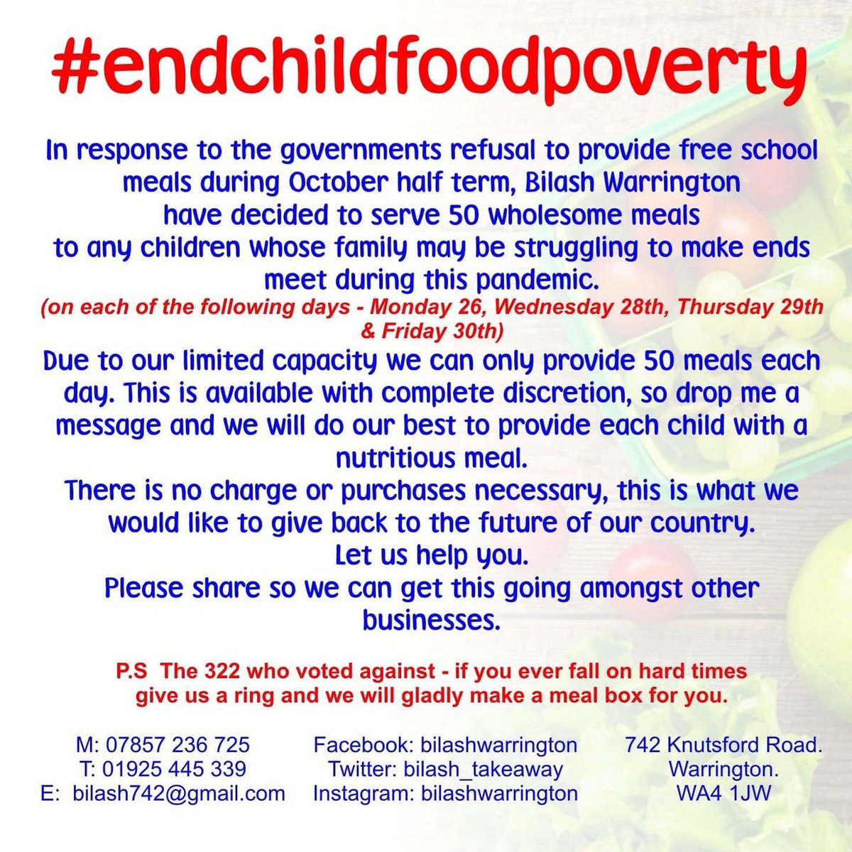The message from a takeaway in Warrington to the 322 MPs who voted against free school meals at the end of their post offering free food is quite something. #ENDCHILDFOODPOVERTY
