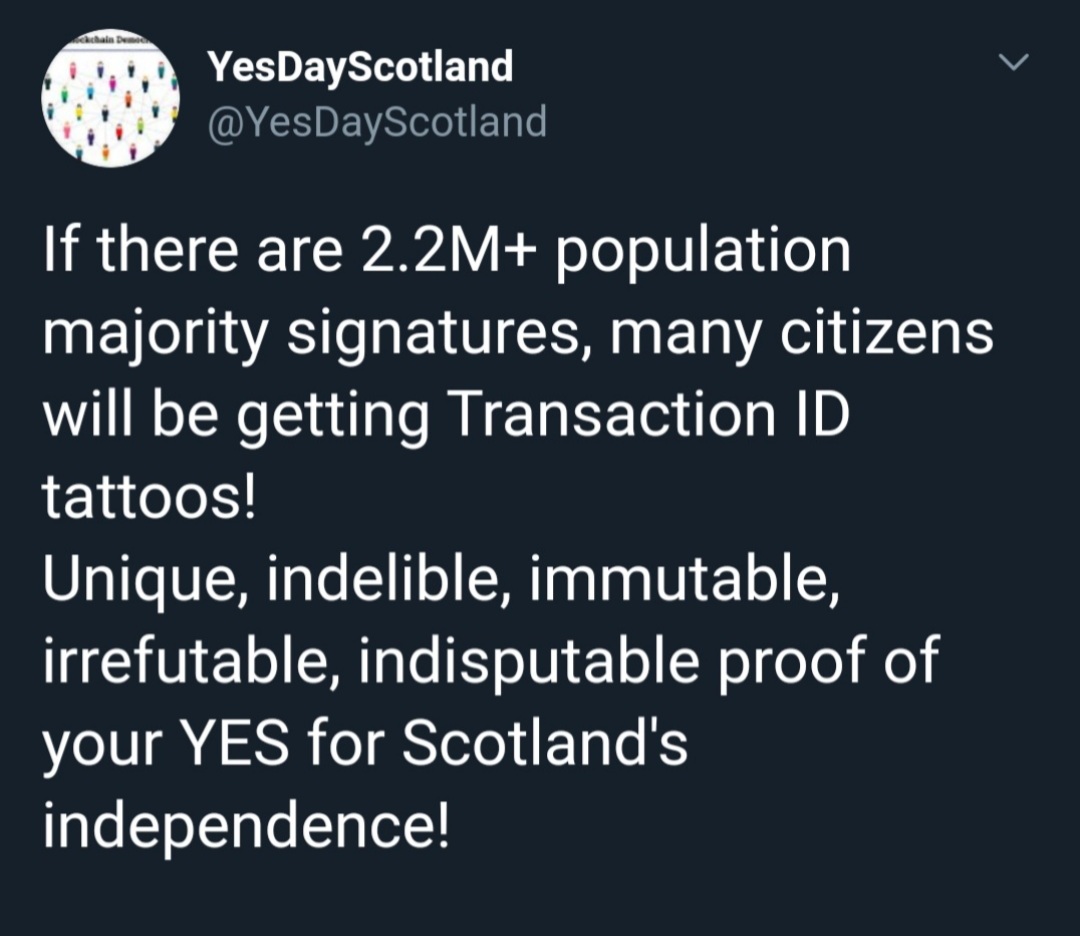 48. It's a month into the Long Walk To Freedom but they've stalled on 505 signatures on the Digital Covenant blockchain. Maybe  @yesdayscotland promoting a personal ID number tattoo has scared the Bejesus out people.  #lwtf