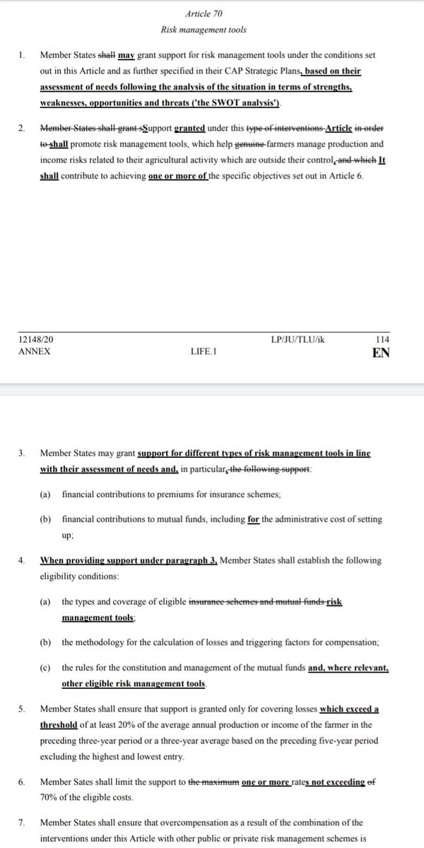 Sowohl im <a href="/EUCouncil/">EU Council</a>
&amp; im <a href="/EUparliament/">European Parliament</a> scheint die von der <a href="/EU_Commission/">European Commission</a>
vorgeschlagene verbindliche Förderung von Risikomanagement-Instrumenten gestrichen. Einheitliche Implementierung hätte mehr Optionen für zukünftige GAP-Reformen schaffen können.