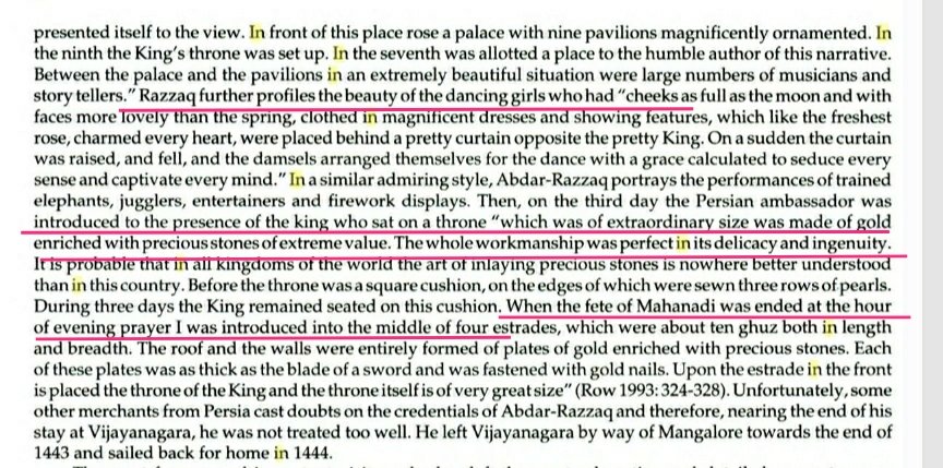 He further Describes:9 pavilions were made, in 7th one, Razzaq was allotted the Place to stay.Many Dancing Girls in large numbers were present who showed their Talents.Throne of King is also described in Minute detail.