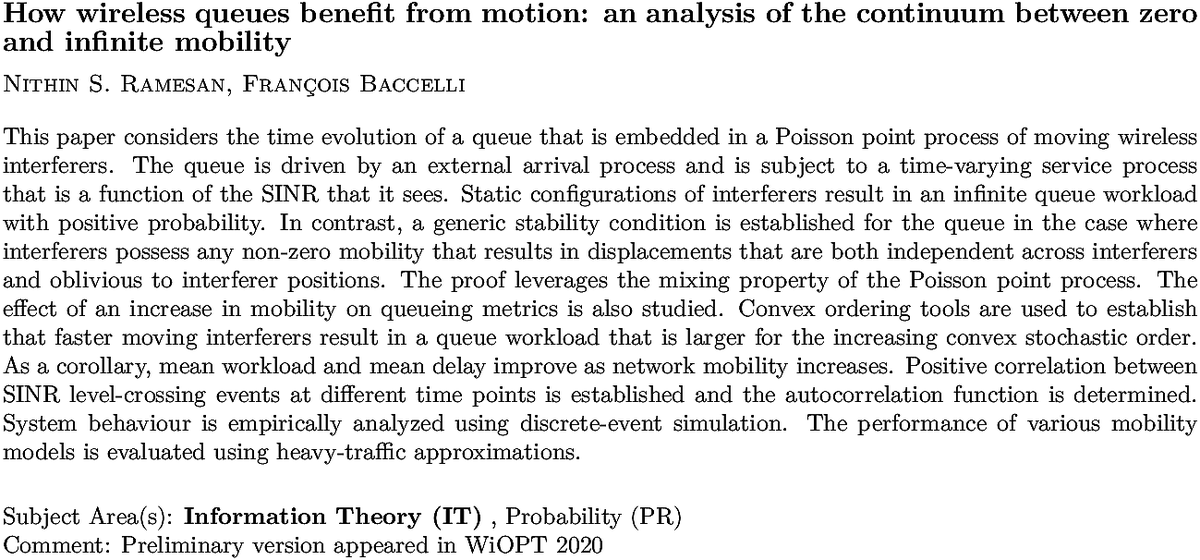 arxiv.org/abs/2010.11749…
N S Ramesan, F Baccelli
How wireless queues benefit from motion: an analysis of the continuum
  between zero and infinite mobility