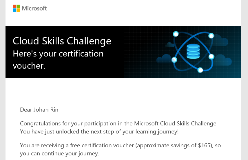 johanrin's tweet photo. Oh, it looks like I received another voucher!

What cert should I aim for now? Any ideas? 😆

#100DaysOfCloud #StartDevChange https://t.co/Je0OqvwWa4