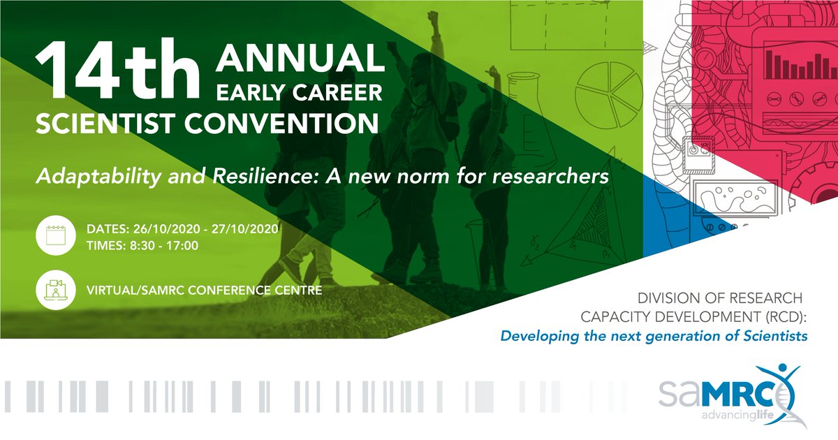 MRCza's tweet image. The SAMRC’s Division of Research Capacity Development will host the annual 14th Early Career Scientists Convention (ECSC), 26-27 Oct 2020. This year’s theme is: “Adaptability and Resilience: A New Norm for Researchers”. samrc.ac.za/sites/default/… 
#ECSC2020