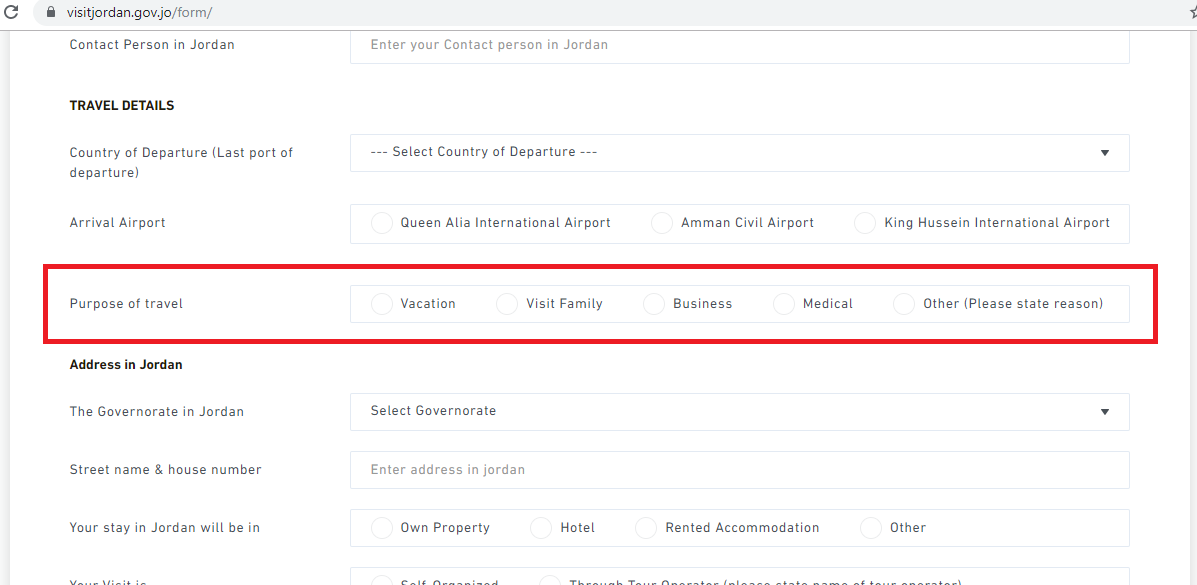 Dawabsheh's tweet photo. @VisitJordan when I fill the form to travel to Jordan (for the purpose of continue traveling to West Bank) what should I fill in the "Purpose of travel" field? Check attached screenshot plz https://t.co/4YvNCQjQJY