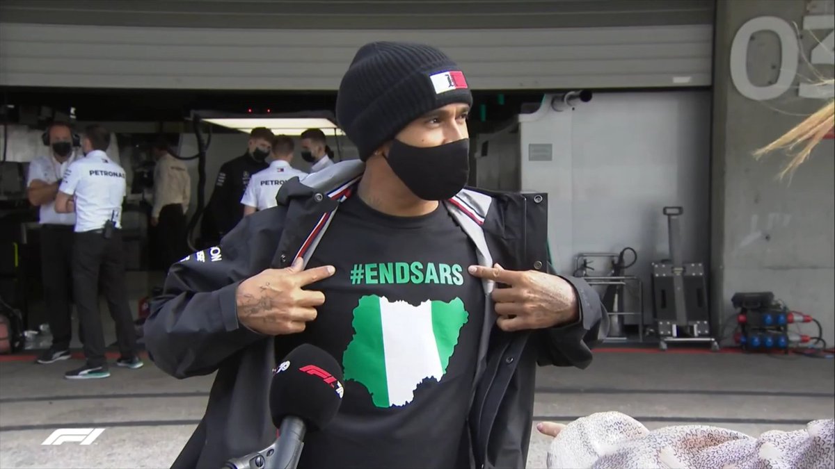 FergalF1's tweet photo. Lewis with a pre-race #ENDSARS message on his t-shirt. #F1 #PortugueseGP https://t.co/SGPfMCErZT