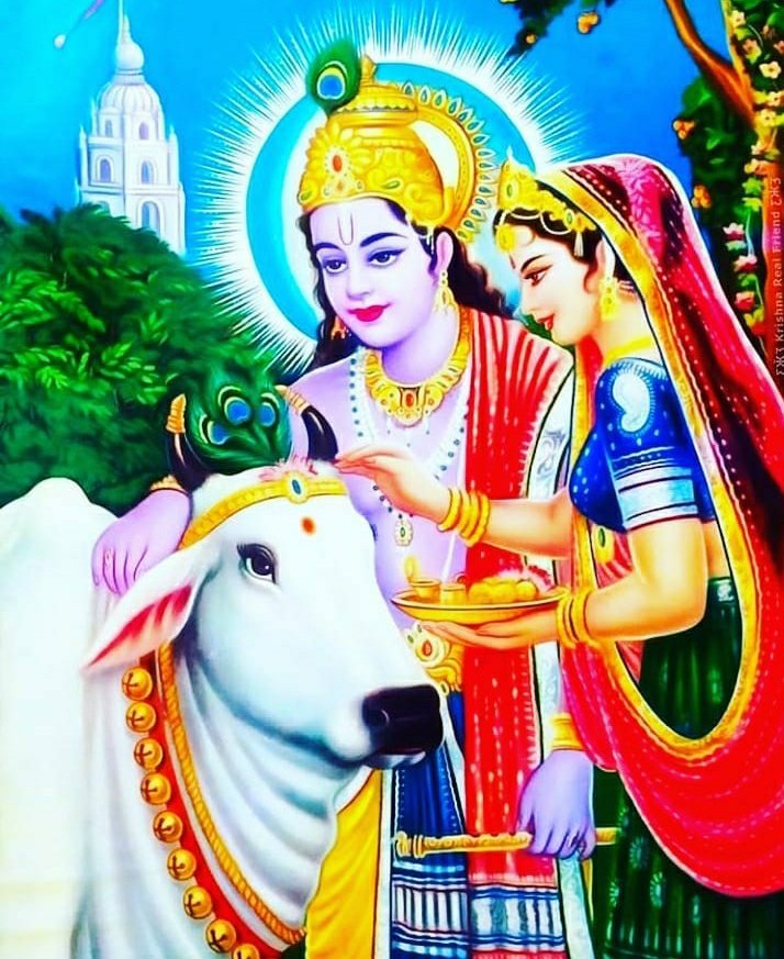 It is then that from his left side he created a Cow along with the Calf. This was Surabhi mata and her calf Manorath.It is said that Sridama then took a new vessel and milked the cow. Whoever drank the divine milk was now Immortal (अजर, अमर). The milk would overflow.