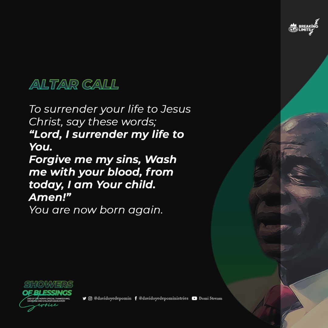 WinnersWLD's tweet photo. ALTAR CALL
Lord Jesus, save my soul, forgive me my sins. I believe you died for me, on the third day you rose again. I believe my sins are forgiven, I am justified by your blood, I am saved. Amen.

#LFCLiveService
#ShowersOfBlessings
#BreakingLimit https://t.co/YJ3FkmoIrt