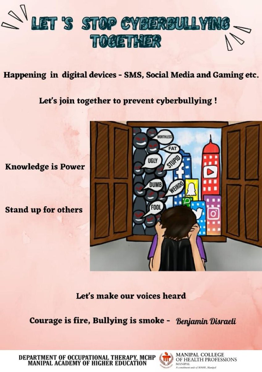 deena_Dimple's tweet photo. Parents,Children &amp; All Increased use of📱is seen in COVID-19 pandemic for Personal &amp; Educational purpose. Although good has come from online interactions, there is ⬆️cyberbullying.Awareness, prevention of cyberbullying &amp;Healthy Social Participation is much needed @OT_MCHP_MAHE https://t.co/A03WP0kYT1