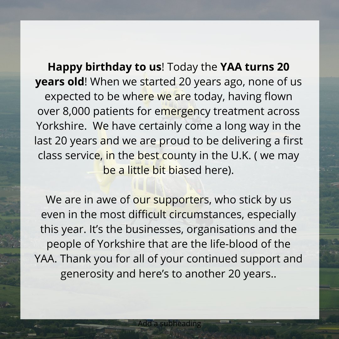 YorkshireAirAmb's tweet photo. Today is our 20th anniversary! Thank you to everyone for supporting over the last twenty years 🎉🎂 https://t.co/hcQGDXvyxb
