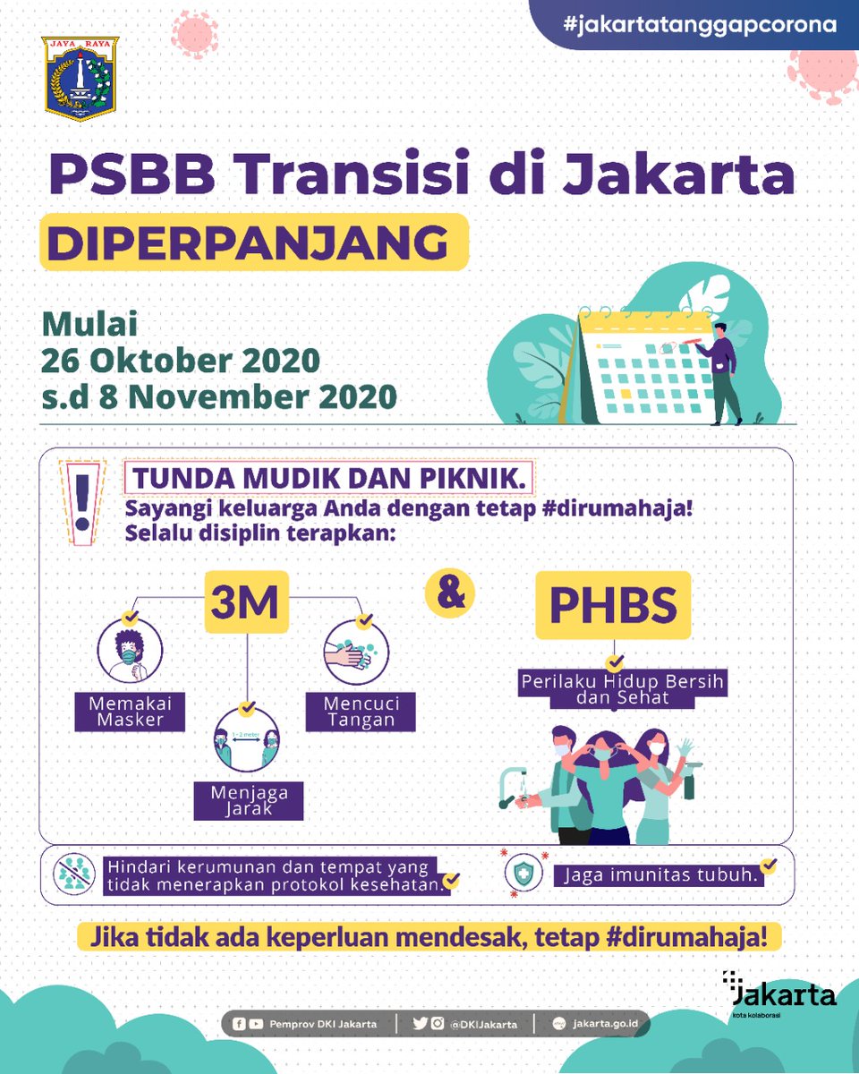 Pemprov DKI Jakarta kembali memperpanjang Pembatasan Sosial Berskala Besar (PSBB) Masa Transisi menuju masyarakat sehat, aman, dan produktif selama 14 hari, 26 Oktober - 8 November 2020. 

instagram.com/p/CGwreNtAYUq/
#JagaJakarta #HadapiBersama #PSBBJakarta #PSBBTransisi #dirumahaja