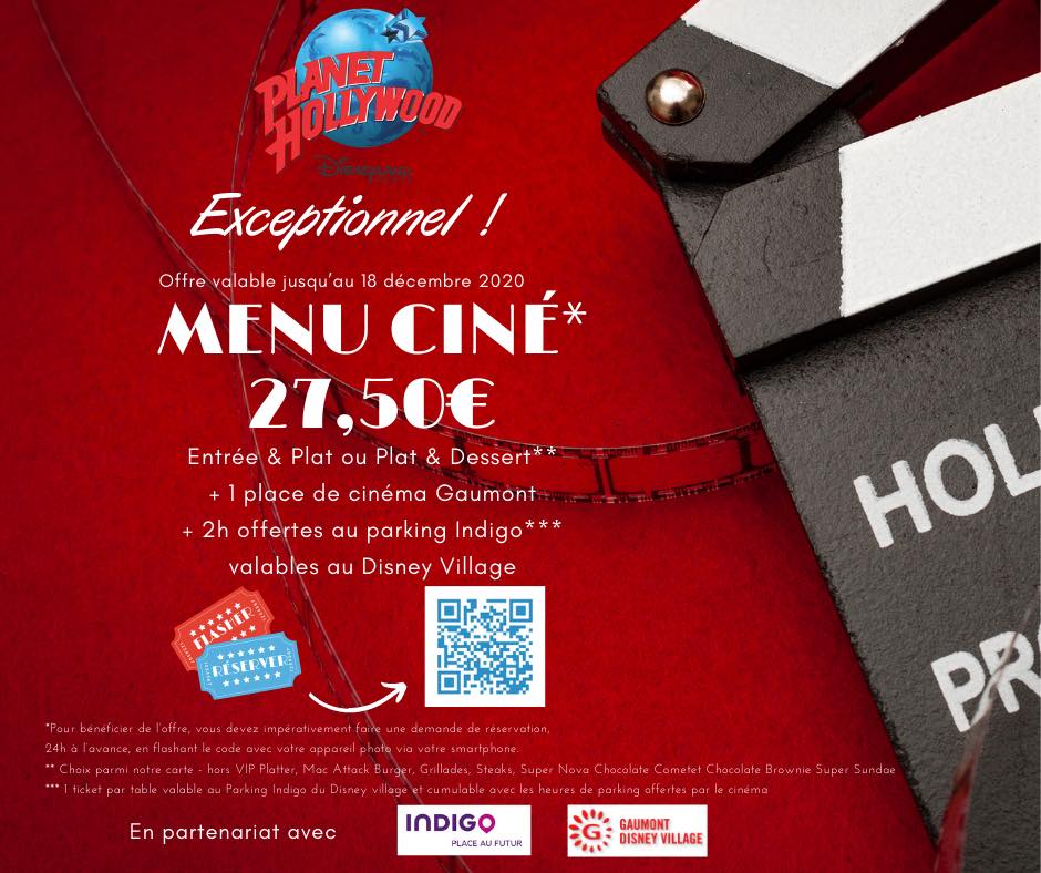 phollywoodparis's tweet photo. A partir du mercredi 7 octobre 2020, profitez de notre OFFRE EXCLUSIVE - MENU CINE! 
Valable uniquement sur réservation en flashant le QR Code ou via le lien suivant: https://t.co/A81rIrWVzz
#planethollywooddlp #cinéma #Gaumont #film #parkingoffert #Indigo #disneyvillage https://t.co/1soNPSj1Gd