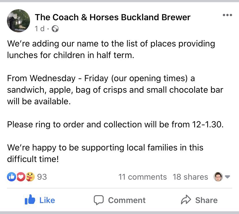 evolvepolitics's tweet photo. The pub in the village I grew up in has signed up to @MarcusRashford’s Free School Meals push.

The Coach and Horses in Buckland Brewer, North Devon, is an amazing pub run by fantastic people.

They’ve pledged to help out despite being hit hard - so please give them some love ❤️ https://t.co/e7mg7Dg8kD