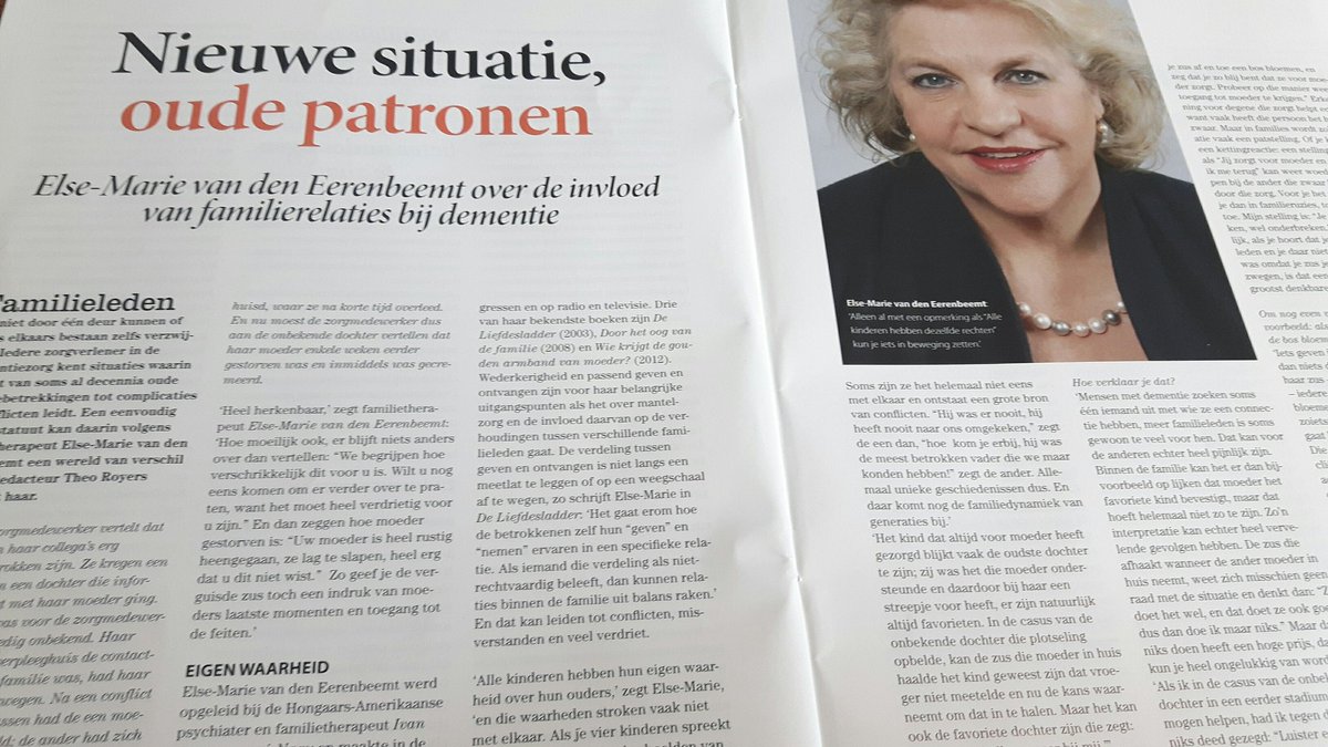 Weer een heel fijn nummer van @Denkbeeld_BSL, met veel aandacht voor relaties van mensen met dementie. Interessant vind ik vooral het interview met familietherapeut Else-Marie van Den Eerenbeemt en haar pleidooi voor een familiestatuut. Omdat rond dementie emoties hoog oplopen.