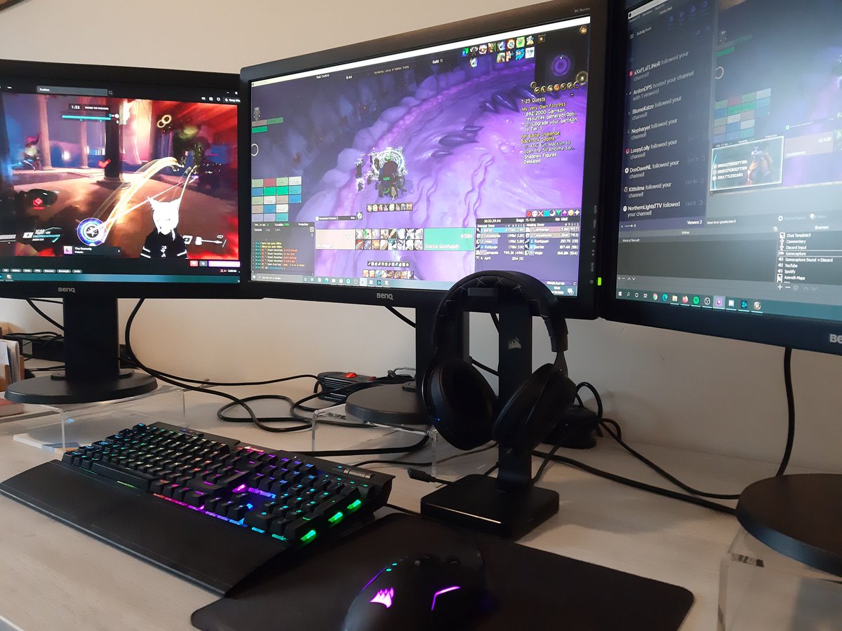 BrokePerception's tweet photo. Watching @nepharyel while gearing my alts. #threemonitors #benq #corsair #rgb #gamergirl #worldofwarcraft #protectionwarriorpov https://t.co/uN273rNMwW
