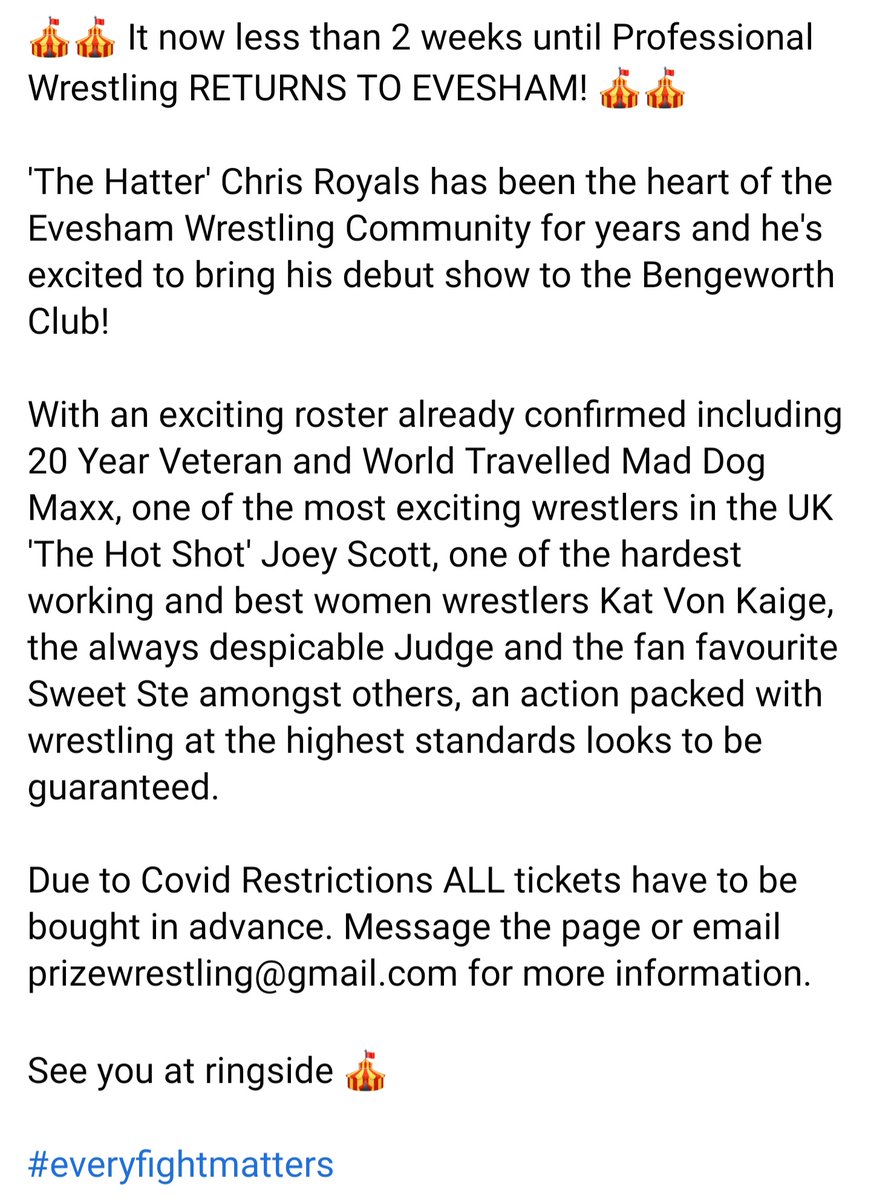 PRIZE_wrestling's tweet photo. 🎪Less than 2 weeks🎪 until Professional Wrestling RETURNS TO #EVESHAM 

#everyfightmatters https://t.co/VtVJk7qqdD