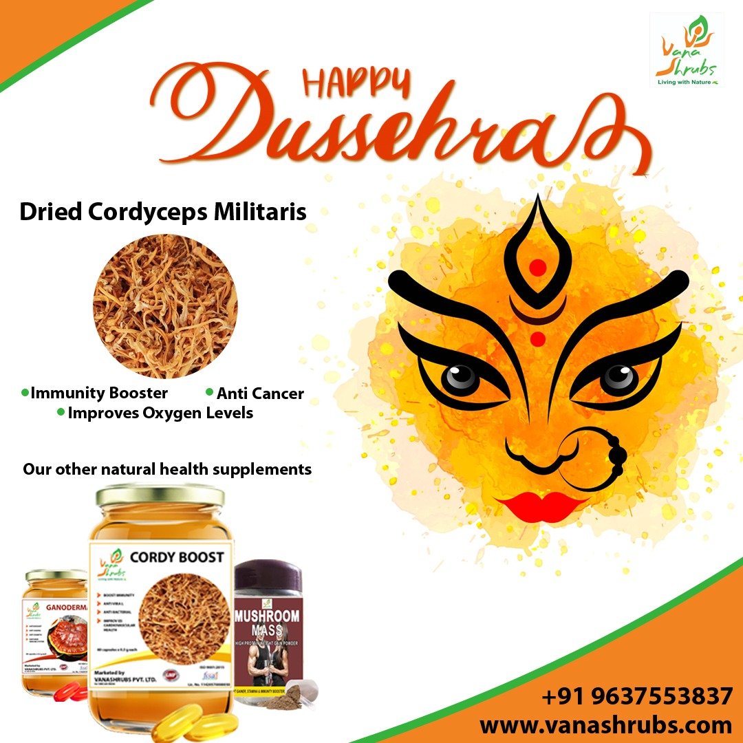 vanashrubs's tweet photo. Dussehra is about victory of good over evil... 
May Maa durga bless your you and your family with good health and happier times from now on.
Happy Dussehra! 
#festivalseason #festivevibes #stayfit  #stayhealthy #stayhappy #Mushroomfood #Cordycepsmilitaris #superfood https://t.co/T1IlyMOIIU