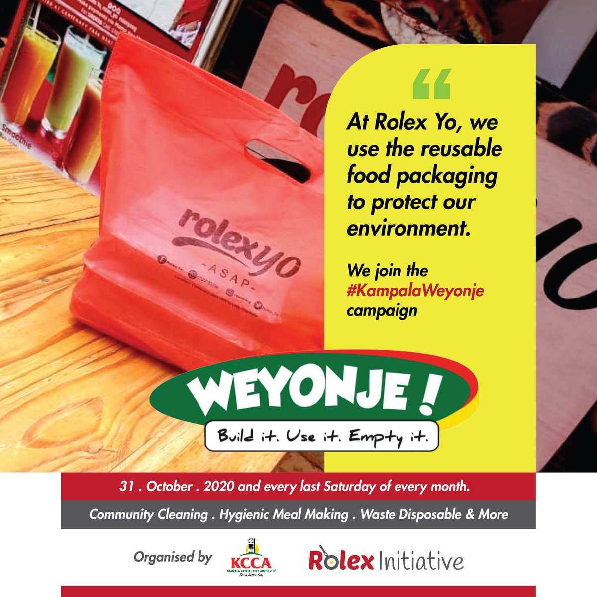 rolex_yo's tweet photo. We join the Weyonje Campaign to ensure Safe food delivery in the city .
Is your Rolex Clean ?
#SafeStreetVending 
#CleanRolexAnyTimeNow 
#KampalaWeyonje https://t.co/utoq2eefoG