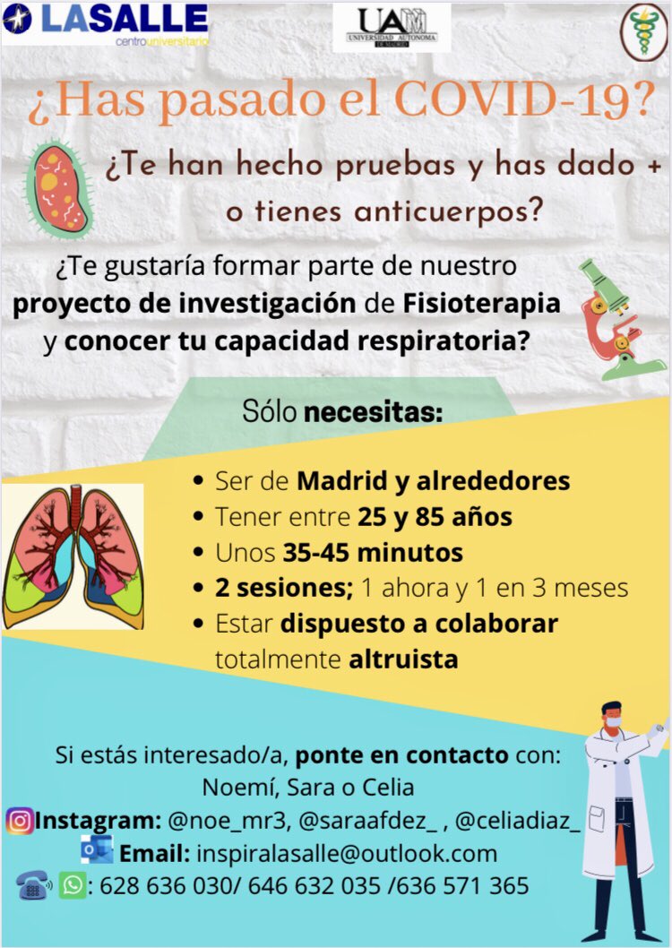 noemr3's tweet photo. @lavecinarubia Se buscan pacientes + en Covid-19. Que no hayan pasado más de 3 meses del +. Si quieres conocer tus capacidades respiratorias o posibles secuelas. 👇🏼#InvestigaContraElCOVID #AyudaEnLaInvestigación https://t.co/q5ggpGT67i
