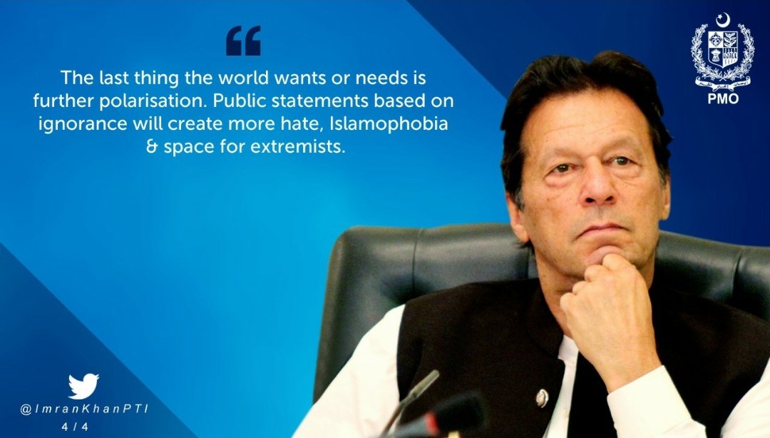 PakPMO's tweet photo. Prime Minister @ImranKhanPTI's statement regarding the Islamophobic comments of French President Emmanuel Macron. https://t.co/kETYubxapB