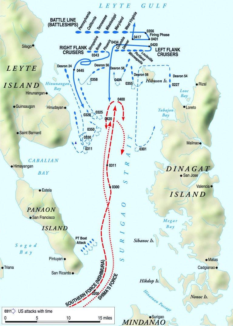Today in 1944, the US Navy and the Imperial Japanese Navy fought the world's last dreadnought action at the Battle of Surigao Strait. RAdm Oldendorf's task group formed a battle line that "crossed the T" of the Japanese Southern Force, halting their advance.