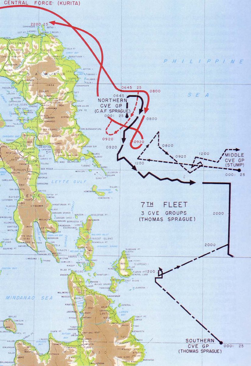 The only American naval forces remaining in the area were three escort carrier groups (Taffy 1-3) which were configured for ground attack. Third Fleet had been their backstop at San Bernardino. Taffy 3 (6 escort carriers, 3 destroyers, 4 destroyer escorts) readied for action.