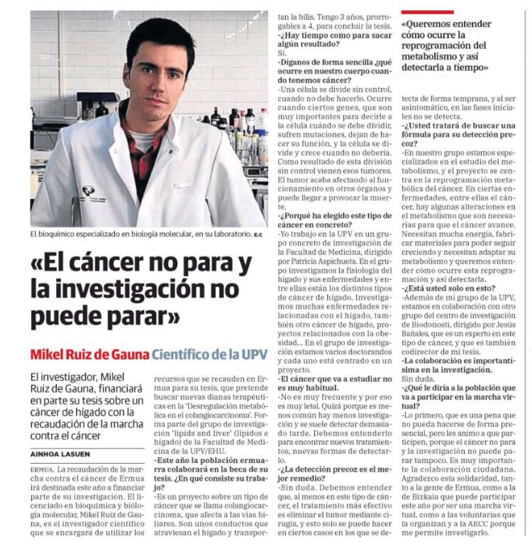 Aspichueta Lab (Lipids & Liver) (@aspichuetalab) on Twitter photo Congrats to Mikel! Really proud!! Thank you to @aecc_es #Ermua #LaCarreraMasLarga for the grant to perform his PhD on #Metabolism and #cholangiocarcinoma <a href="/CcaEns/">ENS-CCA</a> <a href="/curecc/">Cholangiocarcinoma Foundation</a> <a href="/JesusMBanales/">Jesus Bañales</a> <a href="/upvehu/">UPV/EHU</a> <a href="/AEEHLiver/">Asociación Española para el Estudio del Hígado</a> Congrats to Mikel! Really proud!! Thank you to @aecc_es #Ermua #LaCarreraMasLarga for the grant to perform his PhD on #Metabolism and #cholangiocarcinoma <a href="/CcaEns/">ENS-CCA</a> <a href="/curecc/">Cholangiocarcinoma Foundation</a> <a href="/JesusMBanales/">Jesus Bañales</a> <a href="/upvehu/">UPV/EHU</a> <a href="/AEEHLiver/">Asociación Española para el Estudio del Hígado</a>