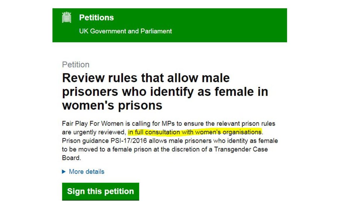 We the launched a government petition calling for the trans prison rules to be reviewed, in full consultation with women's groups. We obtained the 100,000 signatures necessary requiring the government to publish a written response confirming a review will go ahead /16