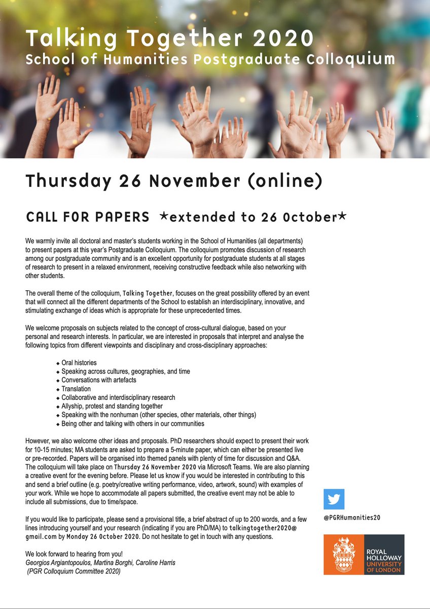 PortalsPathways's tweet photo. IT'S TOMORROW!! The deadline for sending us your abstracts for the #talkingtogether2020 RHUL School of Humanities PGR Colloquium is MON 26 OCTOBER – we can’t wait to read your proposals!
@RHULDocSchool 
@ClassicsRHUL 
@RHULEnglish 
@LLC_RHUL 
@RHULHistory https://t.co/9ZGB1kdRWw
